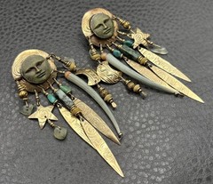 Tabra Gold Filled Man in Moon Face Turquoise Dangle Earrings Boho Celestial