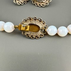 Vintage Opalite Necklace Earrings Set Silver Tone Scalloped Filigree Box Clasp