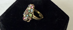 Vintage Gold Tone Adjustable Rhinestone Ring Hollycraft Pastel Rhinestones