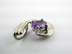 Sterling Silver Ridged Motif Curl Oval Cut Amethyst Slide Pendant 925 2.1g .75In