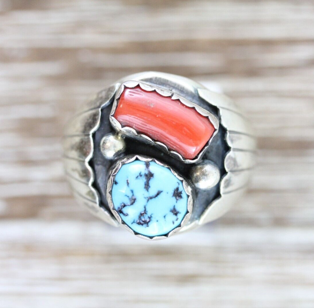 VINTAGE MEN’S INDIAN NATIVE AM STERLING SILVER 925 TURQUOISE CORAL RING 11.75