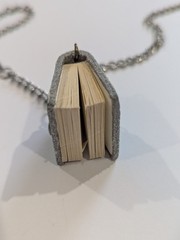 Vintage handcrafted blue leather miniature book necklace and fleur-de-lis Charm