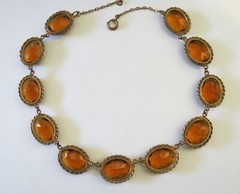 Antique Pre 1920s Czech Glass Necklace Brass Cognac Hue Stones 17″ Bold Estate