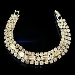 Rhinestone Bracelet Clear Crystal Tennis Baguette Rhodium Plated 1950s 6.5 Inch