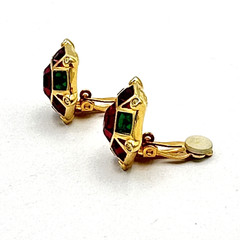 SWAROVSKI vintage earrings – hexagon clip-ons – gold & jewel-tone crystals swan