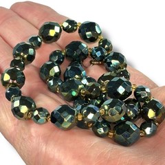 Vintage Czech Faceted Iridescent Peacock Blue Green Gold Glass Bead Necklace