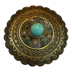 Czech 1950s Brass Brooch Faux Turquoise Cabochon Vintage Filigree Costume Jewel