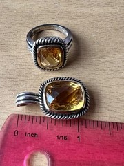 MICHELLE ALBALA LARGE CITRINE QUARTZ RING & PENDANT NECKLACE ENHANCER SET 925 SS