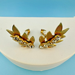 Vintage Rhinestone Earrings Gold Tone Leaf Branch Climber Clip On Dimensional