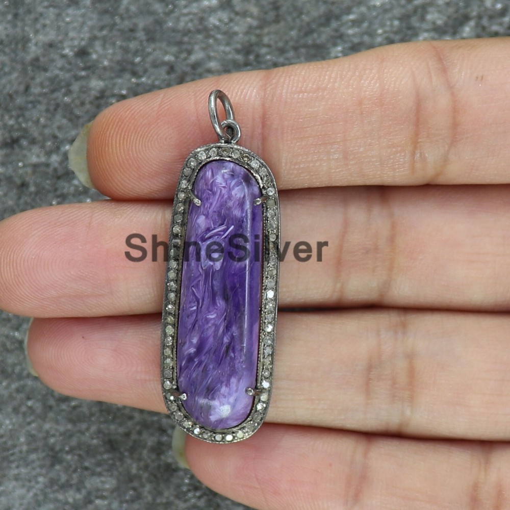Natural Charoite Pave Diamond Vintage 925 Sterling Silver Charm Women Pendant