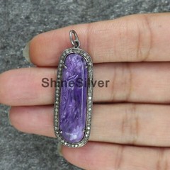 Natural Charoite Pave Diamond Vintage 925 Sterling Silver Charm Women Pendant