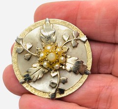Unusual Layered Round Metal Faux Pearl Floral Art Deco Earrings