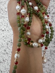Green Aventurine & White Pearl Lariat Necklace Gold Baroque Pearl Kundan Sautoir
