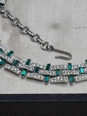 Vintage Necklace Green & Clear Rhinestone Art Deco Style 16.5” Choker