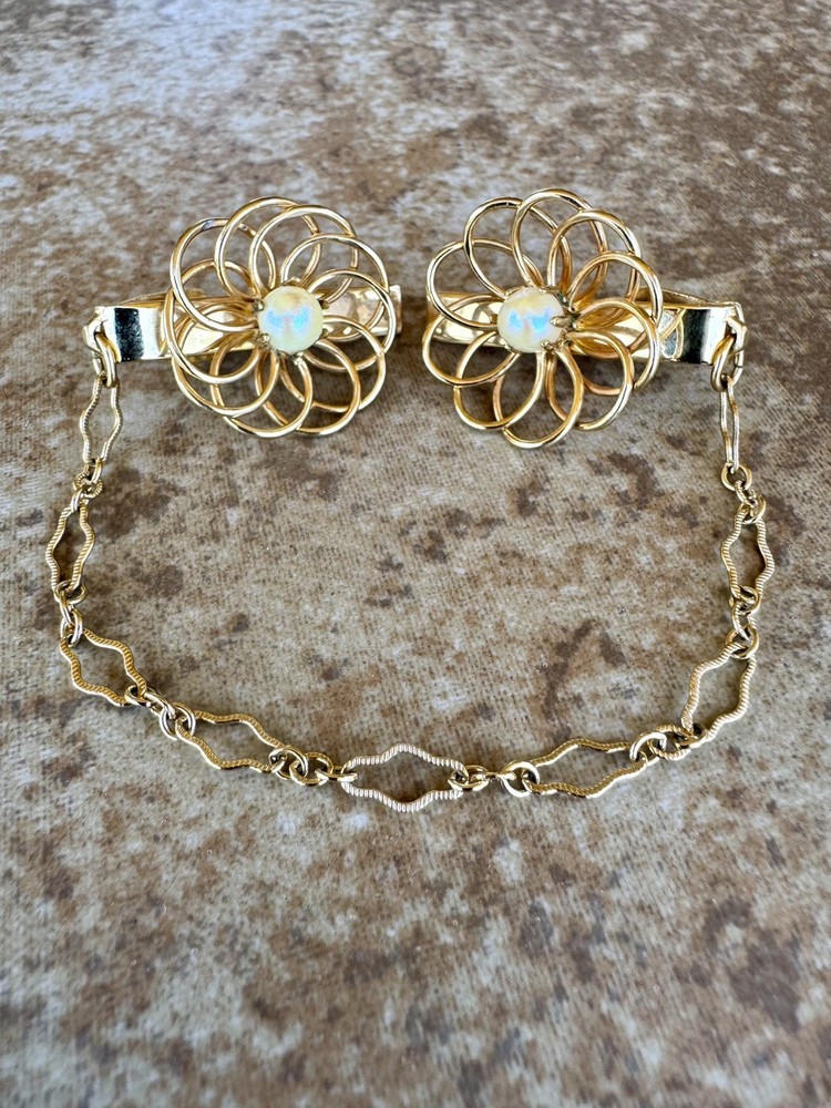 Vintage Sweater Clips Gold Tone Flower Faux Pearl Chain Mid Century 1950s