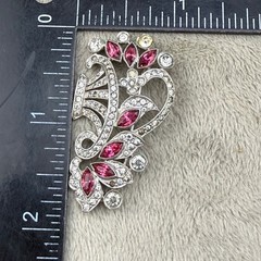 Vintage Pot Metal Flower Basket Rhinestone Brooch Silver Tone READ