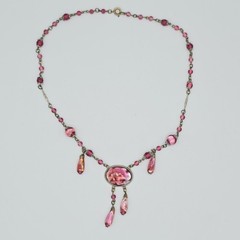 VTG Czech Style Pink Foil Glass Necklace Dangle Art Deco Bohemian 1920’s 16.5″