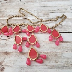 Vintage Necklace Long Statement Pink & Gold Tone