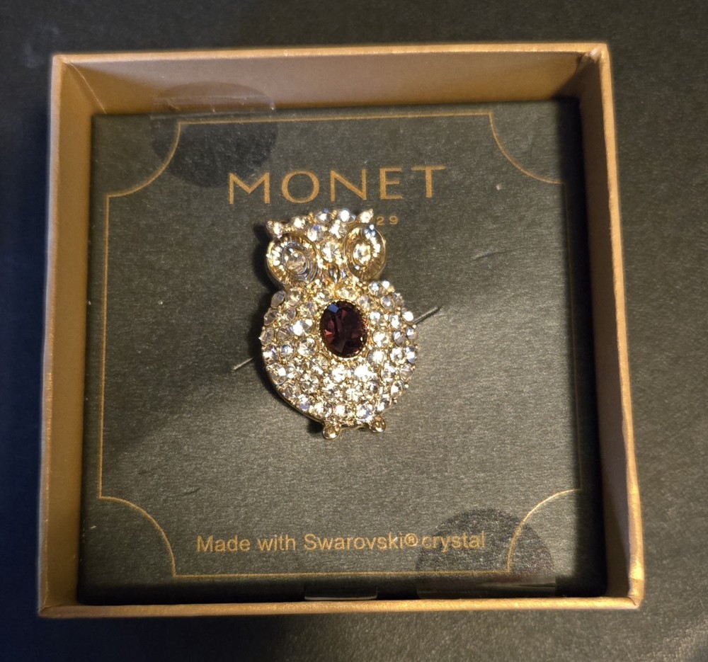 NEW Vintage MONET Sparkly Clear Crucifix Purple Oval OWL Bird Pin Brooch Unique