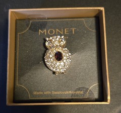 NEW Vintage MONET Sparkly Clear Crucifix Purple Oval OWL Bird Pin Brooch Unique