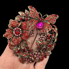 HUGE Butterfly Red Pink Flower Rhinestone Wreath Brooch Pin J26