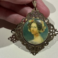 Vintage Brass Filigree Oval Portrait Pendant Gold Tone Art Beauty