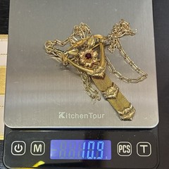 Vintage 12k Gold Filled Pocket Watch Chain Mesh Necklace FOB, Dog Clip, Red Gem