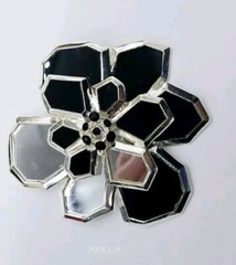 Modernist Flower Brooch Black & Silver Mirror 3.5 in HUGE Modern Floral