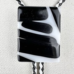 Stunning Vintage Black & White Artist Signed Fused Glass Western Bolo Tie