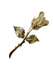 Vintage Gold Tone Rose Flower Brooch Pin Engraved Rosebud Floral Long Stem 1960