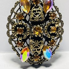VINTAGE Gold Tone Filigree Amber Rhinestone Brooch AB Navette Statement