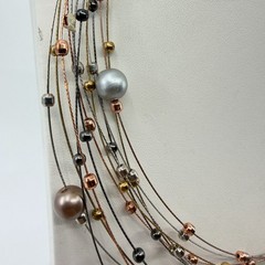 Multi Strand Wire Necklace Mixed Metallic Beads Statement Layered Jewelry Gift