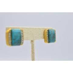 Vintage Earrings Clip On Faux Turquoise Crystal Rhinestone Gold NOS 1980s Bin8