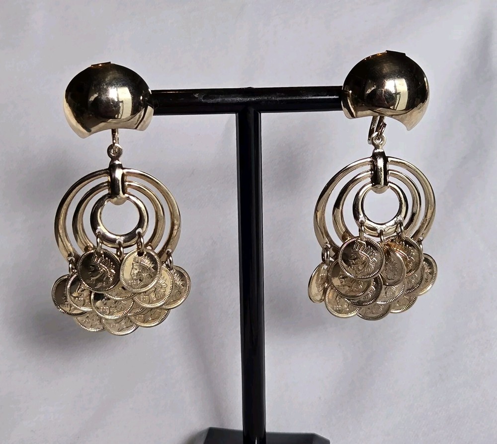 Vtg Faux Mercury Dime Coin Dangle Hoop Screw Back Earrings 2″ Drop