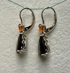 Sterling Silver 925 Fire Opal & Smoky Quartz Pear Cut Dangle Leverback Earrings