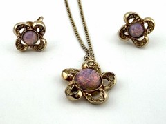 Vintage Anthony Pink Faux Opal Crystal Flower Necklace & Screw Back Earrings Set