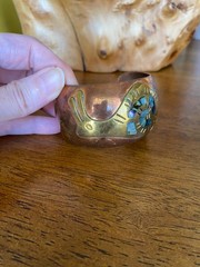 Vintage Copper Cuff Bracelet Brass Snail Abalone Shell Inlay