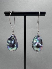 Black Baroque Pearl Earrings, Iridescent Peacock Color, Sterling Silver