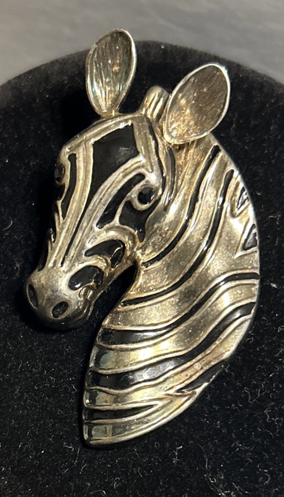 Vintage Signed BEST Zebra Pendant Silver Gold Black Signed Two Tone Brooch 2.5in