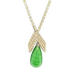 Vintage Signed Kramer Green Faux Jade Teardrop Necklace Earrings Set Rhinestones