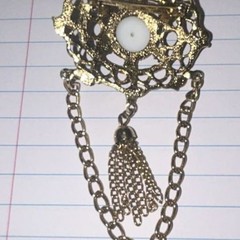 Vintage Ornate Gold Tone Filigree Brooch Faux Pearl Center Hanging Tassel Chain