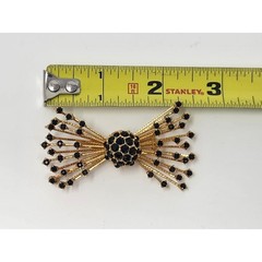Warner Black Rhinestone Gold Tone Bow Brooch Pin Vintage 2.5 Inches Signed