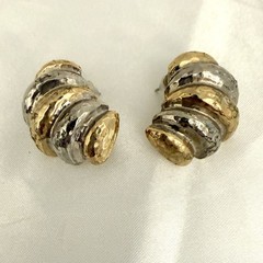 Vintage Tri Tone Ribbed Earrings Gold Silver Statement Textured Retro