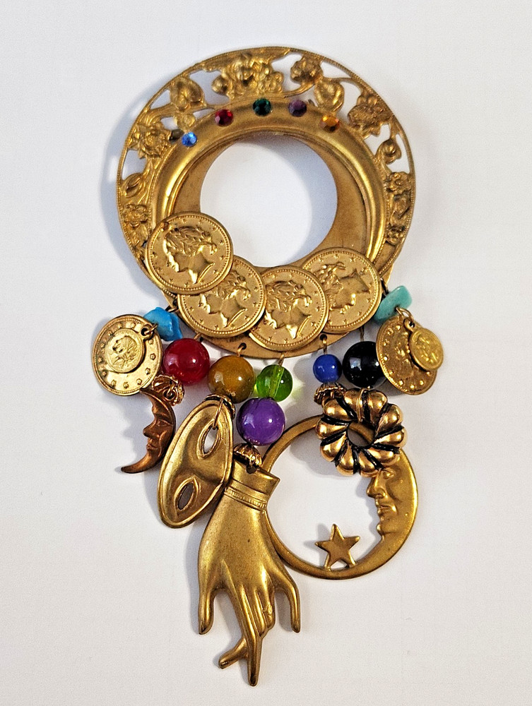 Vintage Katrina Signed Large Gold Tone Dangle Brooch Retro Shabby Chic Boho