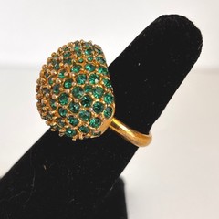Vintage Cocktail Ring Gold Tone Emerald Green Rhinestone Pave Dome Adjustable