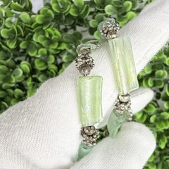 Vintage Sterling Silver Iridescent Green Roman Glass & Beaded Necklace Boho Chic