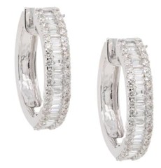 .88CT DIAMOND 14KT WHITE GOLD 3D ROUND & BAGUETTE HUGGIE HOOP HANGING EARRINGS