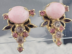 Victorian Pink Molded Glass Gripoix Cabochon Purple Enamel Screw Earrings 1 1/8″