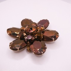 Vintage Brown Glass Rhinestone Gold Tone Flower Brooch Large 2.7″ Womens Mens