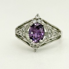 Vintage White Gold Plated Purple Clear CZ Stone Ladies Band Ring Size 8